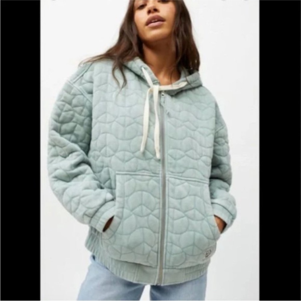 BDG Urban Outfitters Quilted Peace Sign Hoodie Jacket Turquoise size Medium.